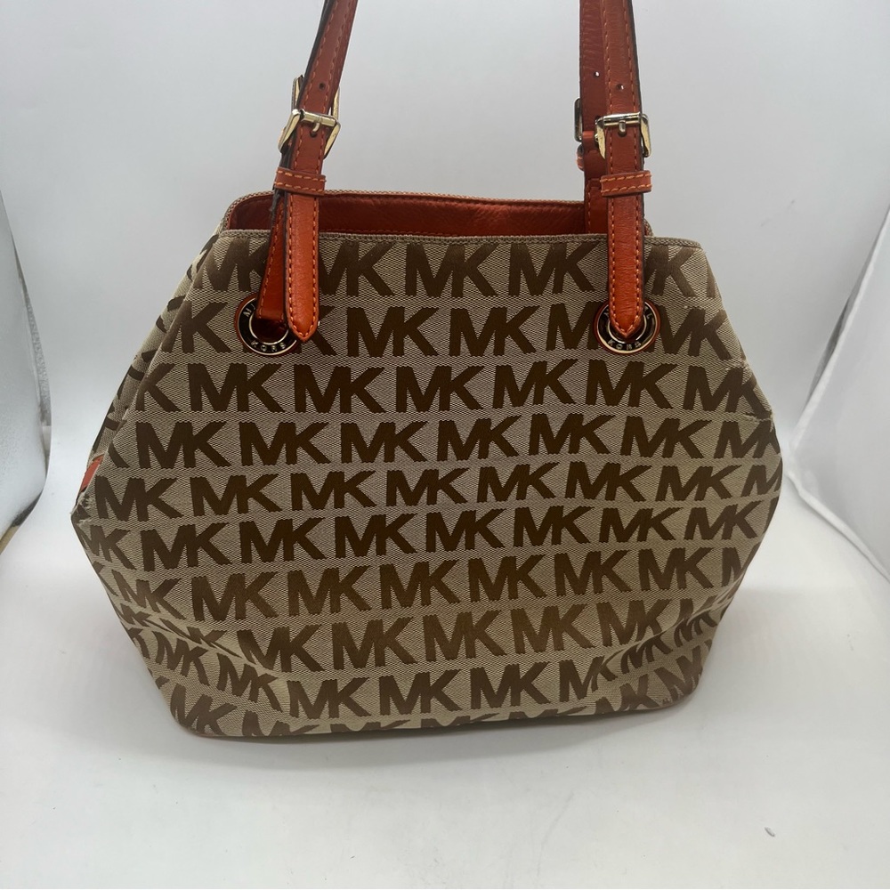 Michael Kors MK Signature Jacquard Brown Persimmon Medium Tote Bag Purse 15x11